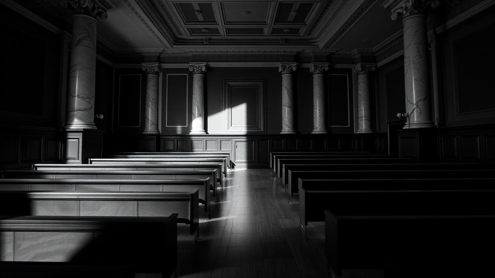 Aula di tribunale in bianco e nero, atmosfera sobria
