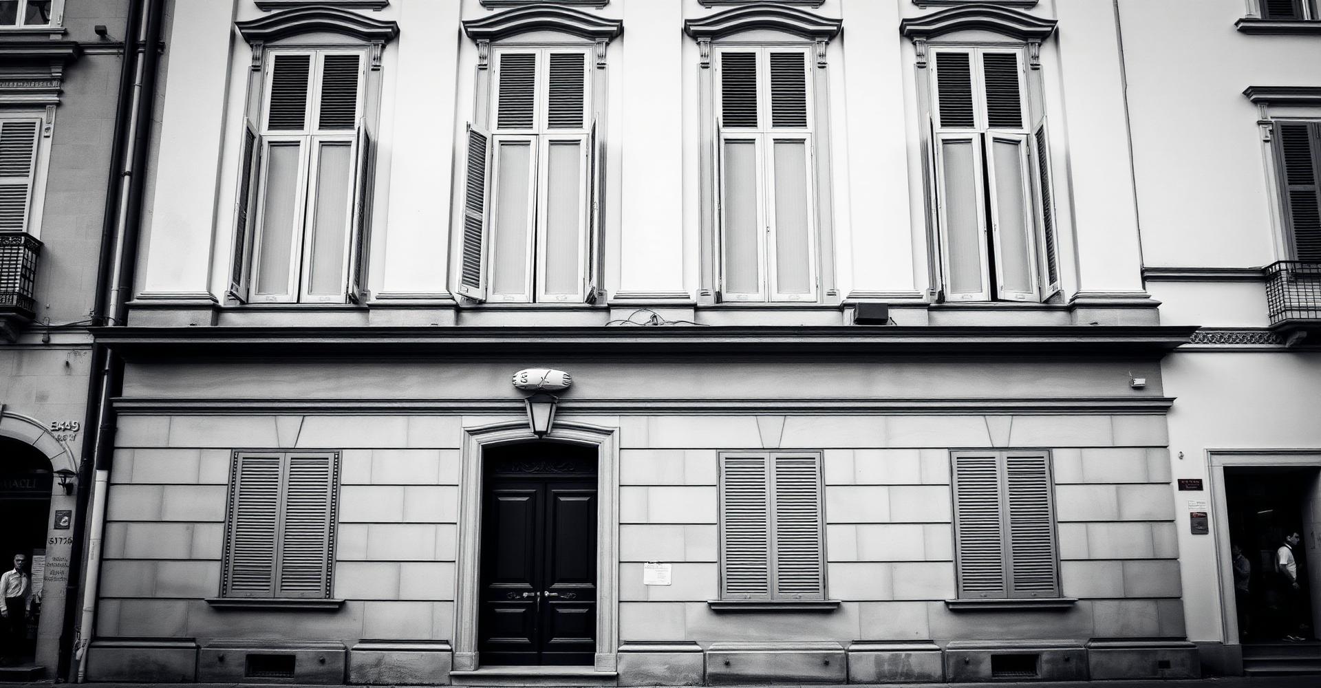 Facciata classica di un palazzo italiano in bianco e nero