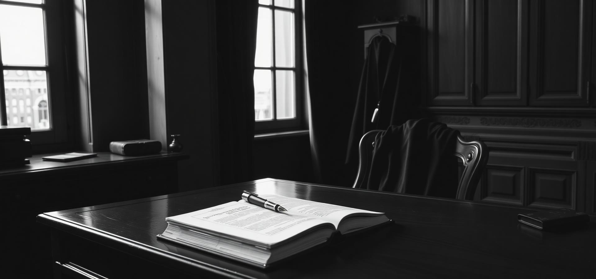 Scrivania di uno studio legale con codice aperto, penna e toga da avvocato