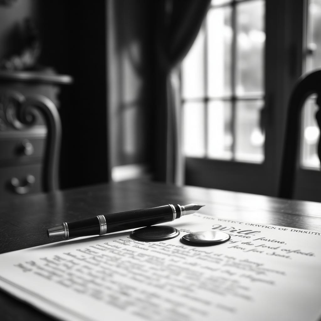 Testamento vergato a mano su scrivania antica, in bianco e nero